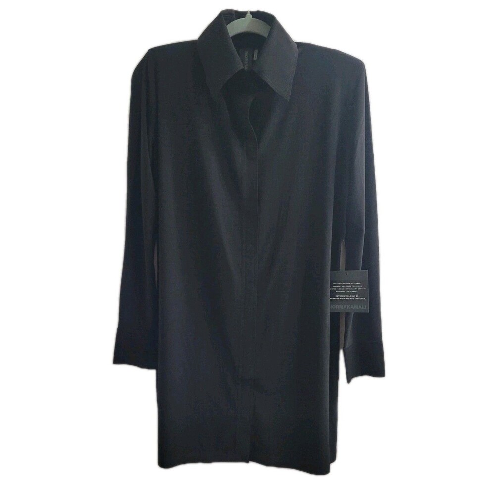 Norma Kamali XS Shirt Mini Dress Black Long Sleeve Shoulder Pads NK Sexy NWT *